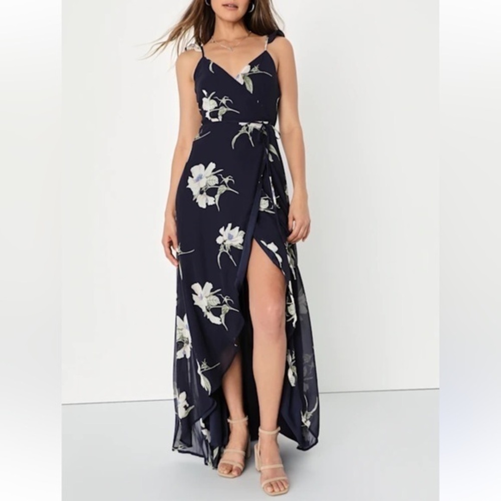 Lulus All Mine Navy Blue Floral Print High-low wrap dress summer wedding guest